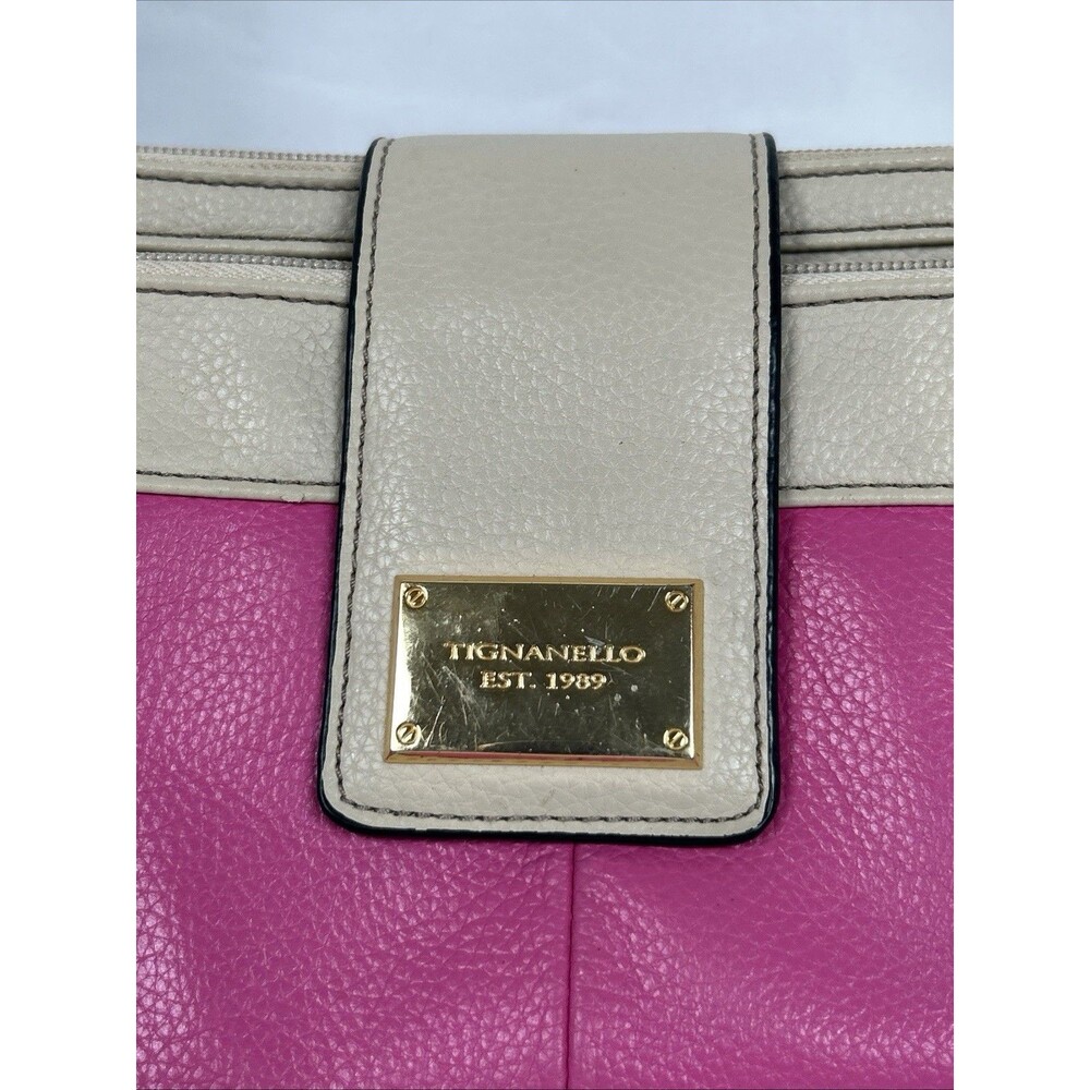Tignanello Leather Hot Pink Taupe Crossbody Bag Purse Black Strap Barbie Preppy - Picture 4 of 16